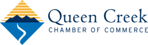 Queen Creek Chamber of Commerce logo featuring a gold mountain, blue river path, and blue text.