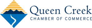 Queen Creek Chamber of Commerce logo featuring a gold mountain, blue river path, and blue text.
