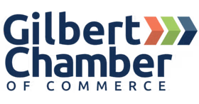 Gilbert Chamber of Commerce logo with blue wordmark and multicolored chevrons on the right.