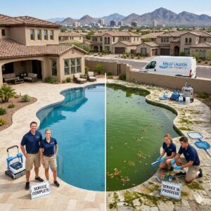 Split-view backyard pool: left side with clean blue water and a technician standing with a 'Service Complete' sign; right side algae-filled water with two techs and a 'Service in Progress' sign, Blue Lagoon service van in background