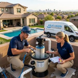 Two pool technicians inspect a large pool filter and pump outside a suburban home, with a Blue Lagoon van in the background.