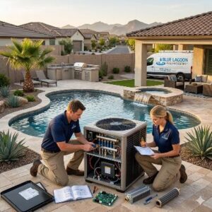 Two pool technicians repair a pump and heater by a backyard swimming pool; a service van labeled 'Blue Lagoon' is in the background.