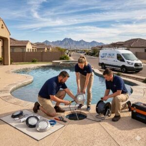 Three technicians install a pool light on a residential backyard pool, with tools and a van in the background.