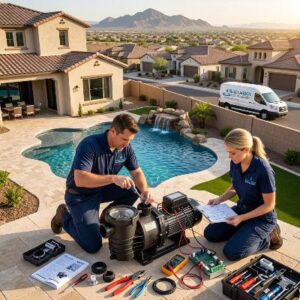 Two pool technicians repair a pool pump in a suburban backyard, with tools laid out and a company van in the background.