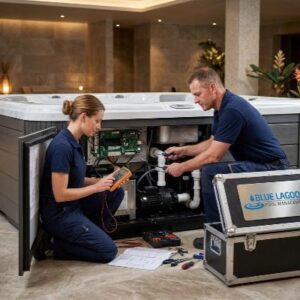 Two technicians in navy uniforms service a hot tub’s pump and electrical panel, with tools and a Blue Lagoon case nearby in a lobby setting.