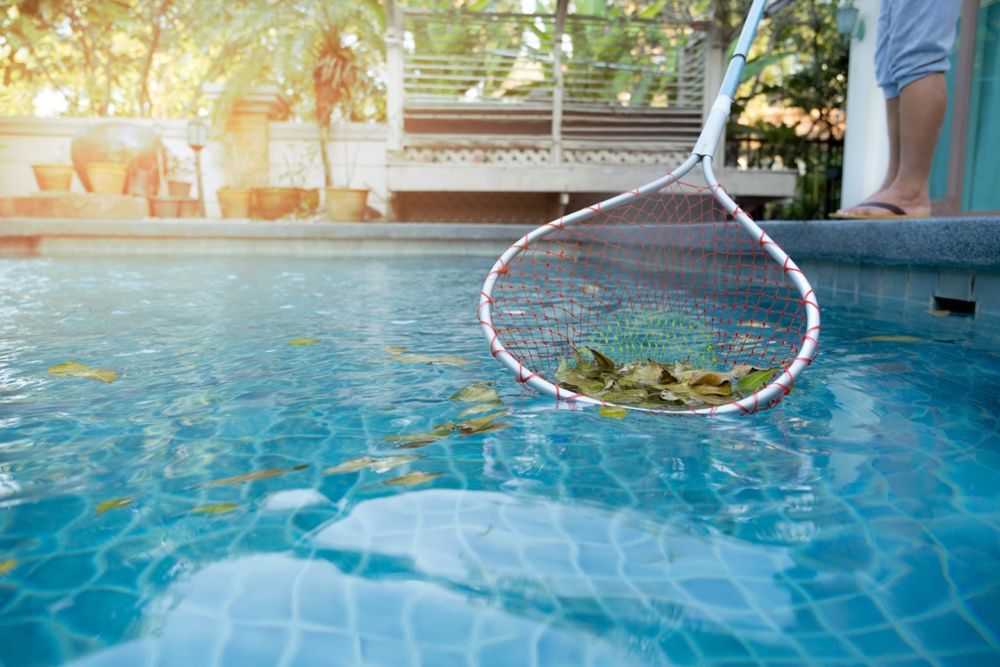 Technician netting monsoon debris out of a swimming pool in Queen Creek, AZ