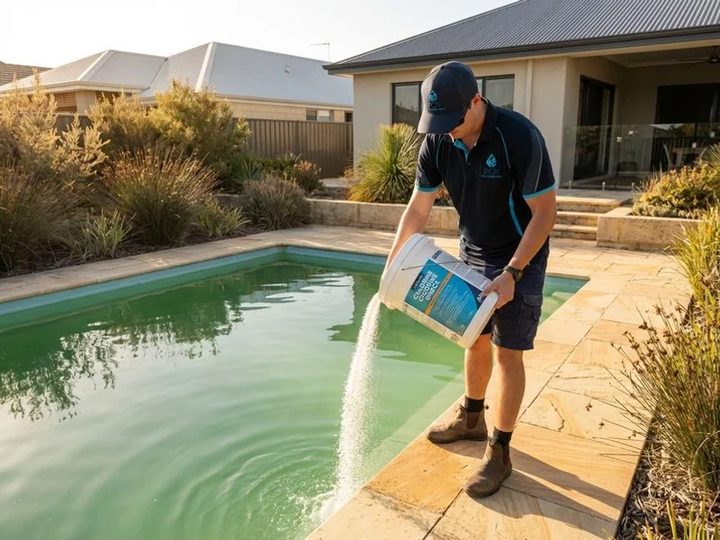 Blue Lagoon technician adding shock to a green pool in San Tan Valley, AZ