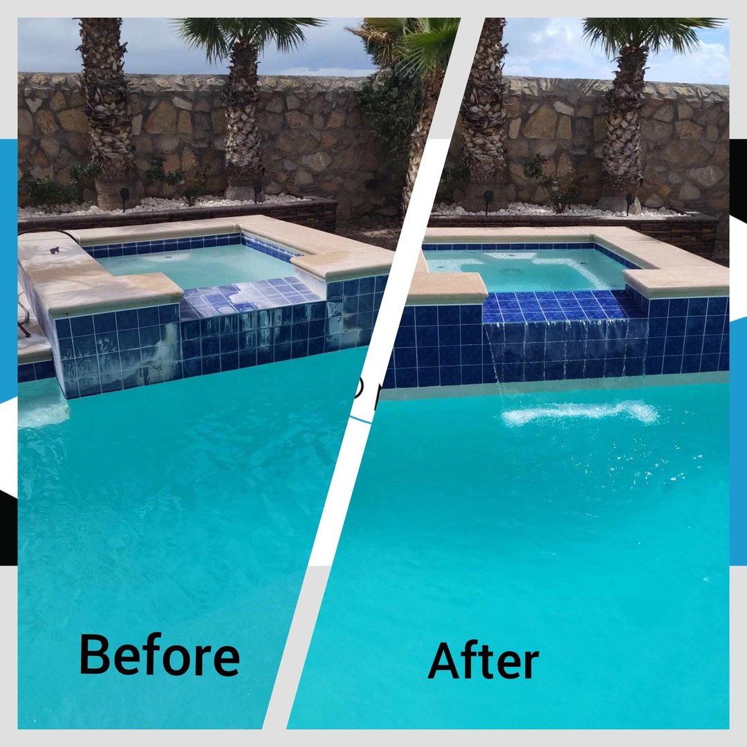 Before and after pool tile cleaning removing calcium scale on a Chandler, AZ pool