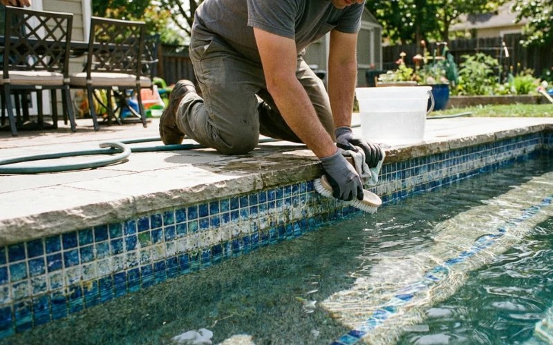 Blue Lagoon technician cleaning calcium off a pool waterline in Chandler, AZ