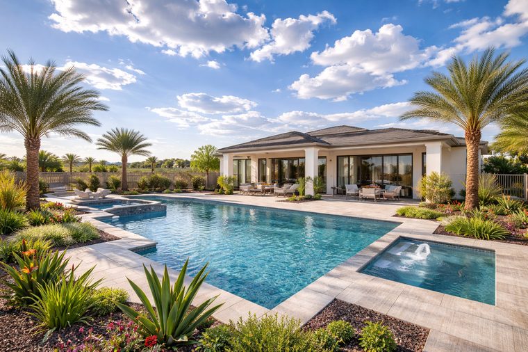 Modern backyard with a large rectangular pool, spa, and lounge seating by a single-story house amid desert landscaping.