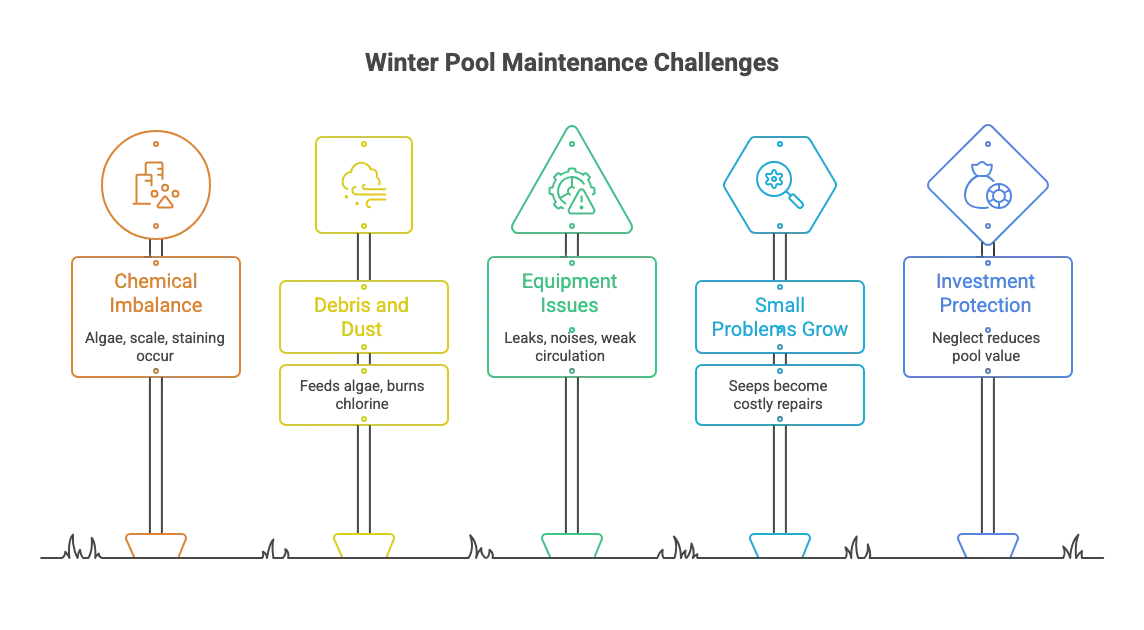 Winter pool maintenance challenges in Gilbert, AZ: chemical imbalance, debris and dust, equipment issues, small problems growing, and protecting your investment