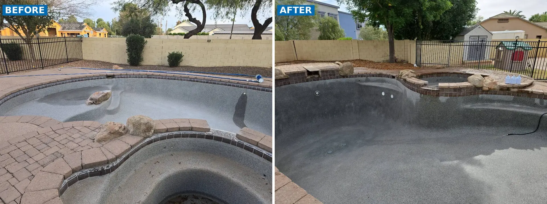 Drained pool before and after resurfacing, with the worn finish replaced by a new surface