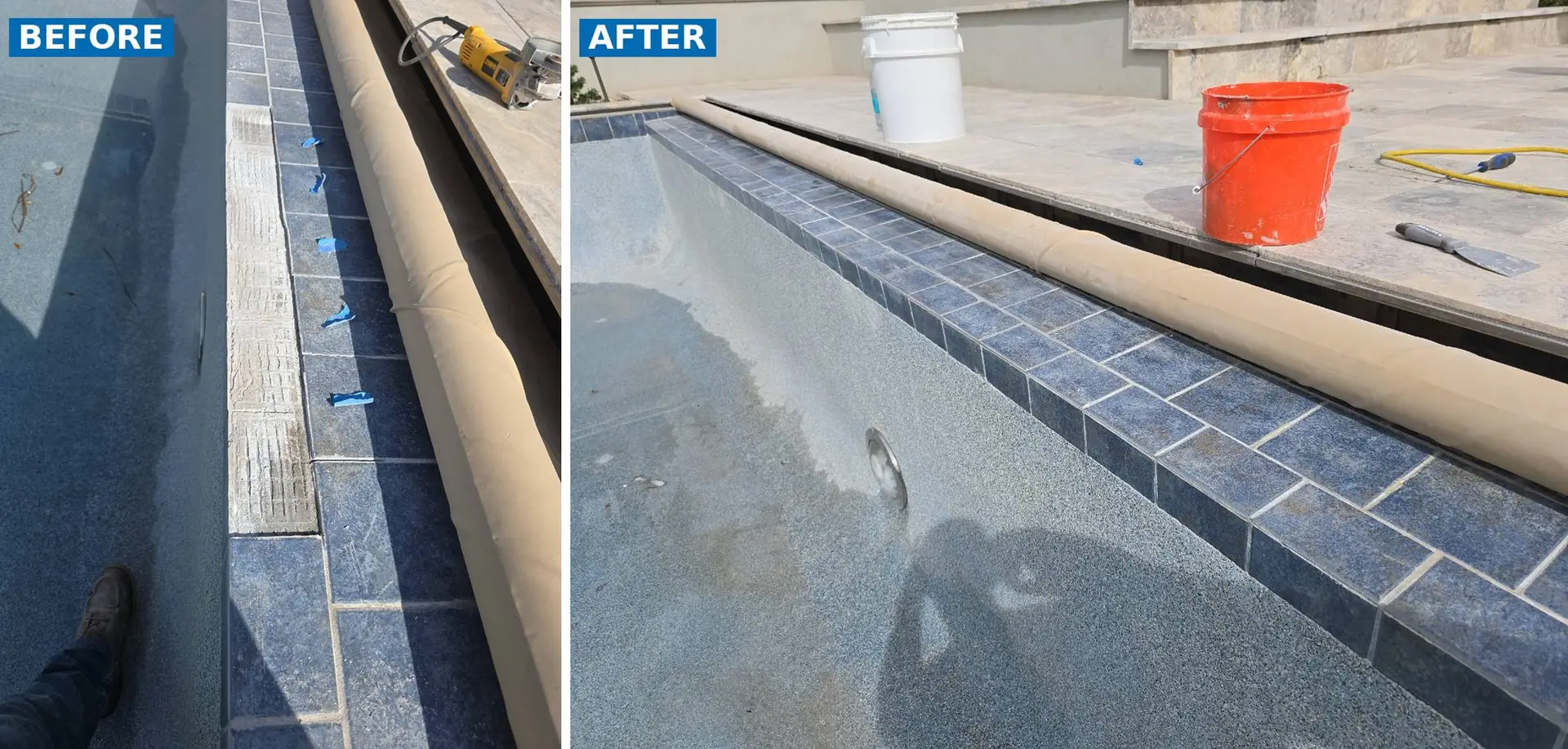 Pool waterline tile before and after repair, with loose tiles replaced along the coping