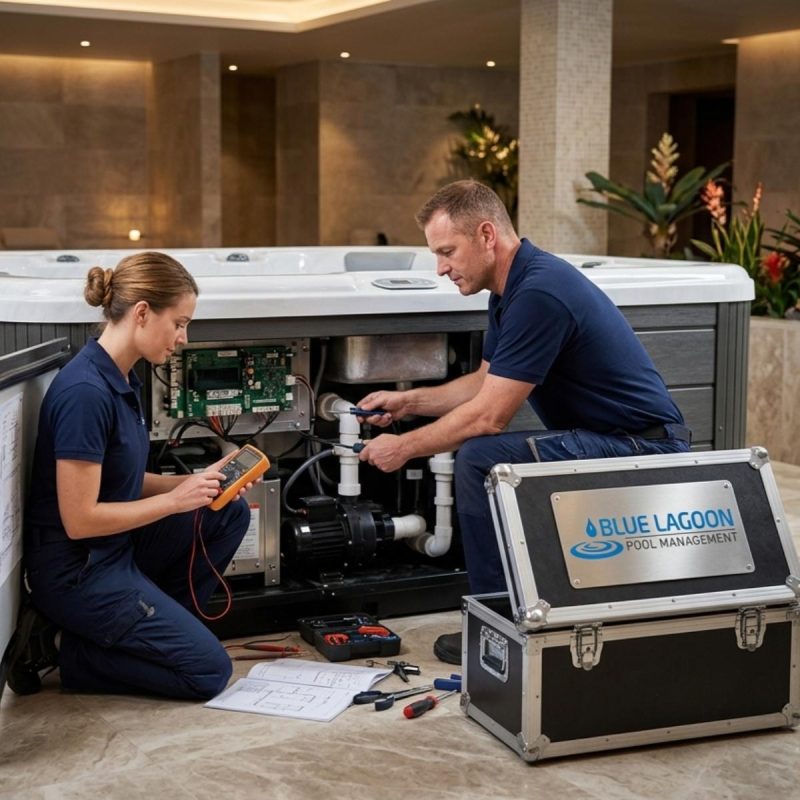 Two pool technicians in navy uniforms repair a spa heater inside a hotel lobby, with tools and a Blue Lagoon case nearby.